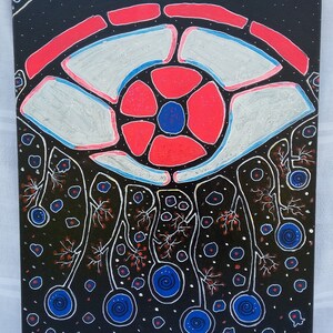 May include: Abstract acrylic painting on canvas featuring a large eye design. The eye is composed of red, white, and blue shapes against a black background. White lines and blue orbs with spirals add detail.