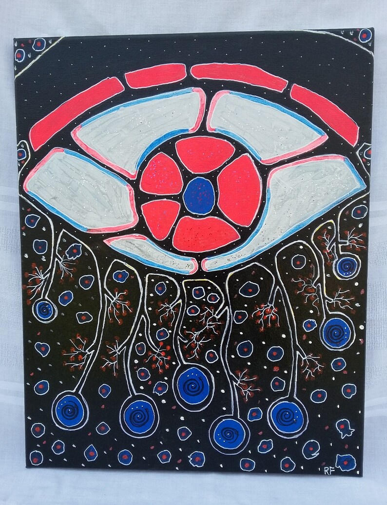 May include: Abstract acrylic painting on canvas featuring a large eye design. The eye is composed of red, white, and blue shapes against a black background. White lines and blue orbs with spirals add detail.