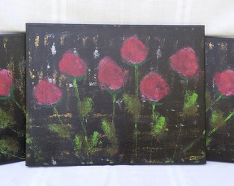 Red Roses Abstract 3-Piece Canvas Set - Acrylic painting in Red Black and Green, Floral Gift for Woman, Birthday Gift for Her Female Friend