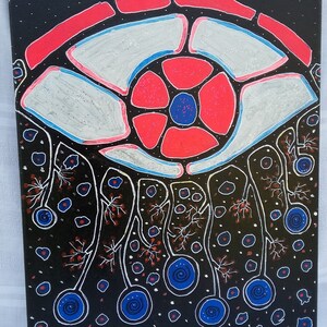 May include: Abstract acrylic painting on canvas featuring a central eye-like design in red, white, and blue against a black background. The artwork includes stylized organic shapes and patterns with white outlines and accents.