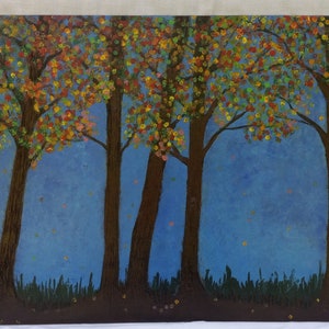 Landscape Painting Fall Trees Pyrography Art on Recycled Wood Canvas 16 x 24, Housewarming Gift for Couple image 8