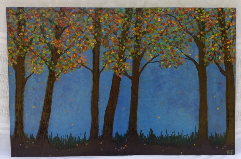 Landscape Painting Fall Trees Pyrography Art on Recycled Wood Canvas 16 x 24, Housewarming Gift for Couple image 8