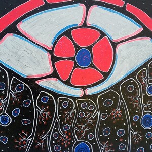 May include: Abstract painting with a black background and white outlines. The artwork features a central floral-like design in red, white, and blue, surrounded by organic shapes and dotted patterns. The style is reminiscent of a cosmic or cellular theme.