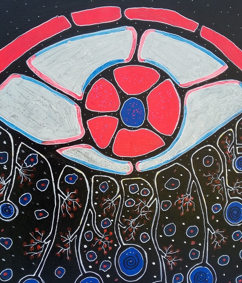 May include: Abstract painting with a black background and white outlines. The artwork features a central floral-like design in red, white, and blue, surrounded by organic shapes and dotted patterns. The style is reminiscent of a cosmic or cellular theme.