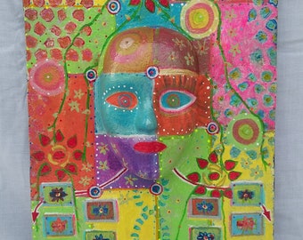 Whimsical Floral Art with Abstract Face Female - Outsider Painting on Wood Original