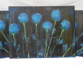 Flower Painting Original, Blue Floral Wall Art on Canvas Set of 3