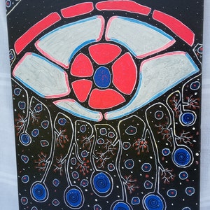 May include: Abstract painting on canvas with a black background. The artwork features a central eye-like design in red, silver, and blue, surrounded by white lines and blue spiral shapes. The painting is signed "RF".