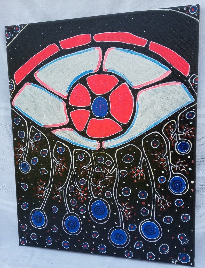 May include: Abstract painting on canvas with a black background. The artwork features a central eye-like design in red, silver, and blue, surrounded by white lines and blue spiral shapes. The painting is signed "RF".