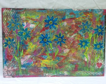 Flower Garden Painting - Colorful Abstract Acrylic Painting on Upcycled Wood, Unique Gift for Her/Couple