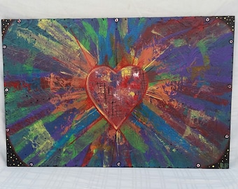 Heart Wall Art-Rainbow Painting - Abstract Acrylic Painting on Wood Canvas Original 16 x 24- Unique Gift for Him/Her