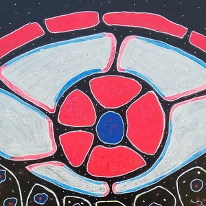 May include: Abstract painting featuring a central eye-like shape with red, gray, and blue elements against a black background. The design includes a central blue circle surrounded by red petal-like shapes, with white accents and a starry effect.