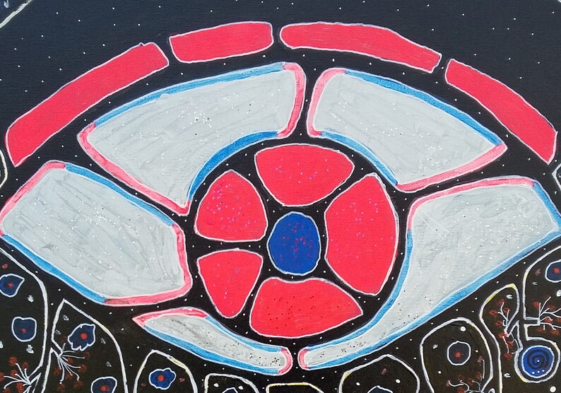 May include: Abstract painting featuring a central eye-like shape with red, gray, and blue elements against a black background. The design includes a central blue circle surrounded by red petal-like shapes, with white accents and a starry effect.