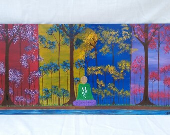 Forest Painting W/Figure Meditating Outdoors, Colorful Landscape Wall Art, First Home Gift