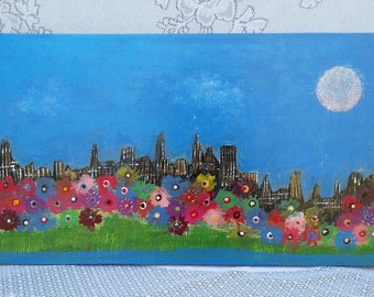 Floral Cityscape Painting - Urban Landscape Acrylic Wall Art - Prety Gift for Women Friends