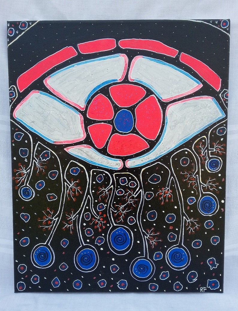 May include: Abstract painting on canvas featuring a large eye-like shape in red, white, and blue against a black background. The artwork includes white lines and small red and blue dots, creating a cosmic or biological theme. The painting is signed in the bottom right corner.
