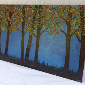 Landscape Painting Fall Trees Pyrography Art on Recycled Wood Canvas 16 x 24, Housewarming Gift for Couple image 2