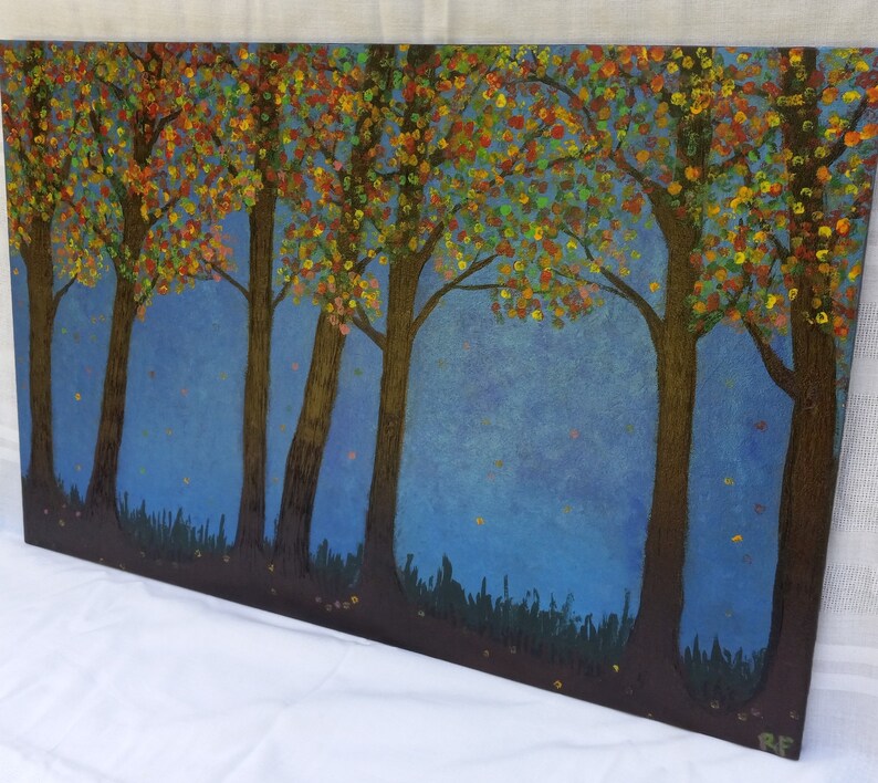 Landscape Painting Fall Trees Pyrography Art on Recycled Wood Canvas 16 x 24, Housewarming Gift for Couple image 2