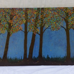 Landscape Painting Fall Trees Pyrography Art on Recycled Wood Canvas 16 x 24, Housewarming Gift for Couple image 5