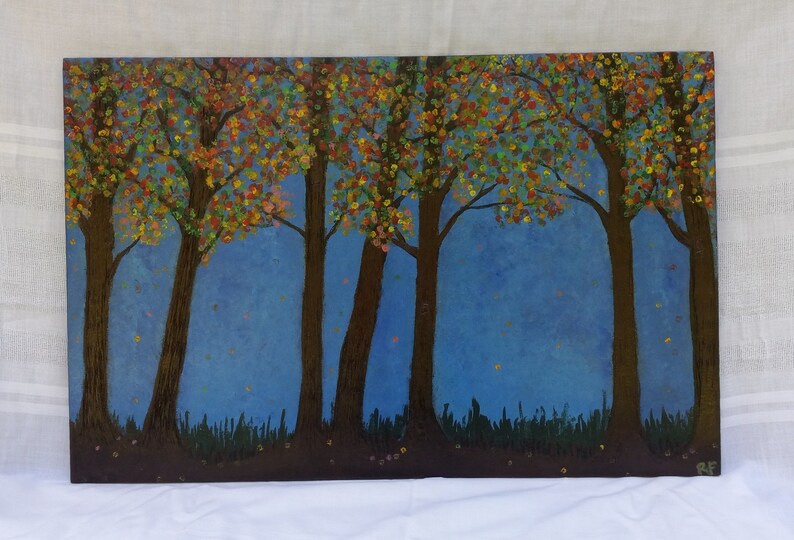 Landscape Painting Fall Trees Pyrography Art on Recycled Wood Canvas 16 x 24, Housewarming Gift for Couple image 5