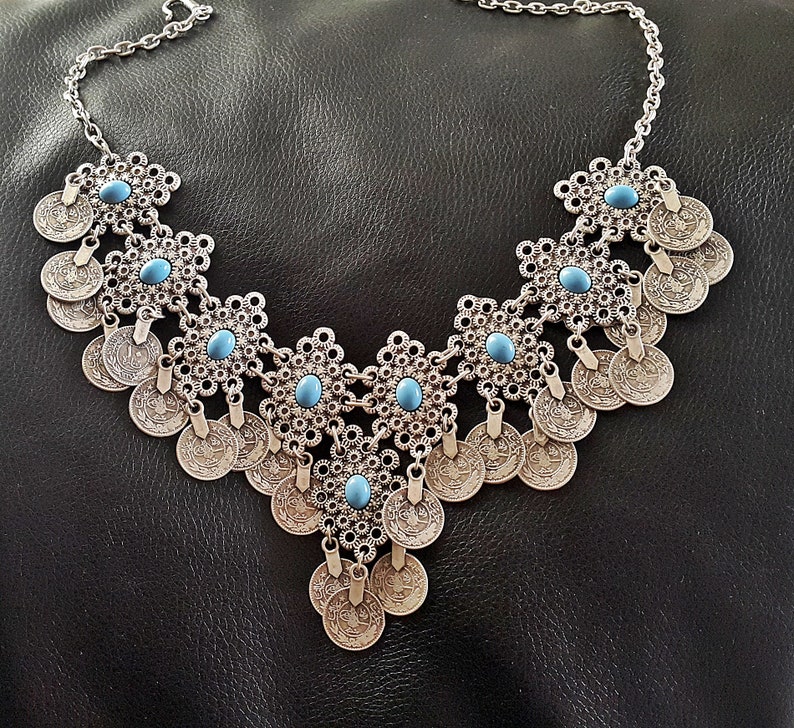gift Large Necklace Antique Silver Necklace Coin Necklace Silver Statement Necklace Silver choker Boho Necklace Hippie Gypsi Choker