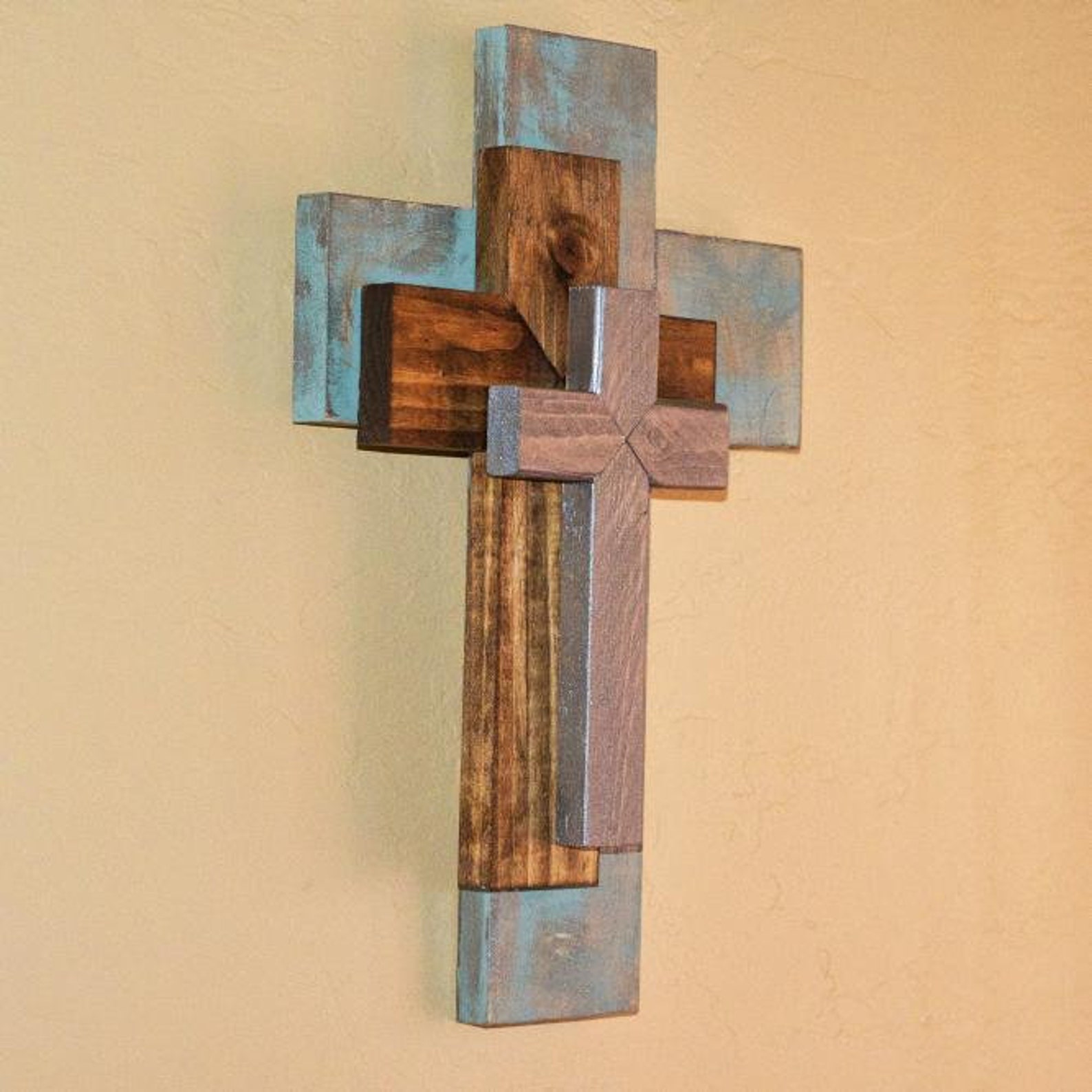 3 in 1 Rustic Wooden Cross Wall Decor Handmade Hanging Wall Decor Antique Style Wall Art Stacked
