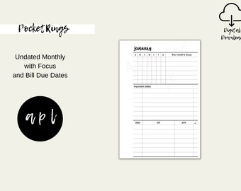 Printable Pocket Rings Undated Monthly Planner Inserts Functional Planner Inserts Pocket Ring Inserts Bill Tracker | 008