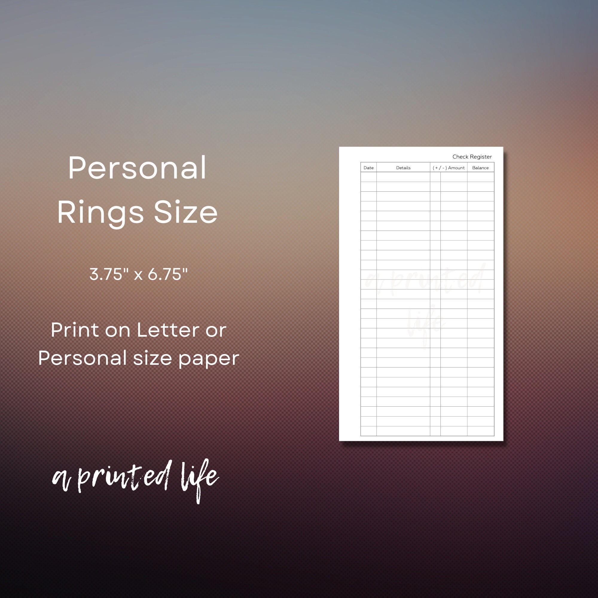 PERSONAL SIZE Check Register Printable Planner Inserts - Etsy