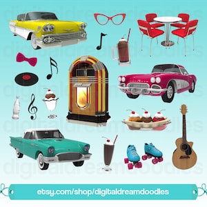 Op de afbeelding: Retro-thema illustraties met klassieke auto's, een jukebox, muzieknoten, een vinylplaat, een frisdrankfles, een ijscoupe, een milkshake, rolschaatsen, een gitaar en een dinertafel met stoelen. De afbeelding bevat de tekst "etsy.com/shop/digitaldreamdoodles".
