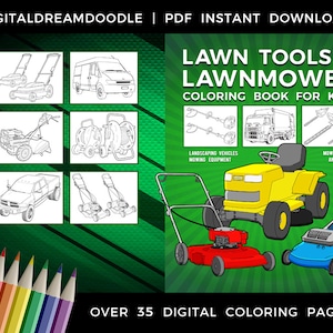Pode incluir: Capa de um livro de colorir digital com o título "LAWN TOOLS & LAWNMOWER COLORING BOOK FOR KIDS". A capa apresenta ilustrações de ferramentas de jardim, incluindo cortadores de grama, veículos de jardinagem e equipamentos de corte. O texto "OVER 35 DIGITAL COLORING PAGES" também é visível.