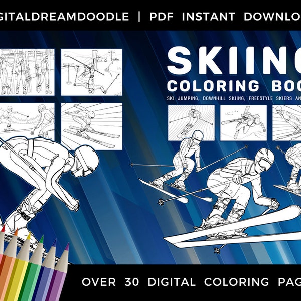 Skiing Coloring Book, Downhill Ski Coloring Book, Freestyle Skier Coloring Book, Winter Sport Skier Coloring Pages, Digital Download