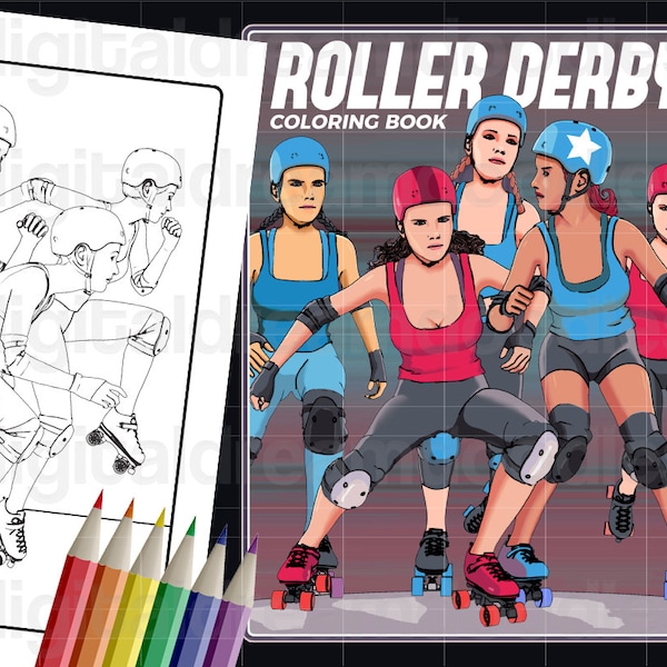 Roller Derby Coloring Book, Printable PDF Rollergirl Coloring Book, Derby Girl Skater Coloring Pages, Rollerskating Instant Digital Download
