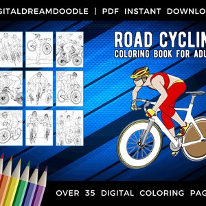 Road Cycling Coloring Book, Bicycle Racing Coloring Book, Bike Cyclist Coloring Book, Track Biking Coloring Pages, Instant Digital Download