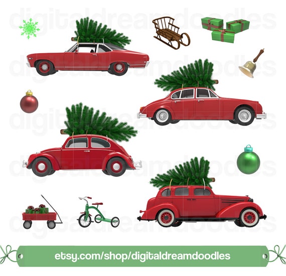 Christmas Car Tree Clipart Xmas Car Tree Graphic Holiday Etsy