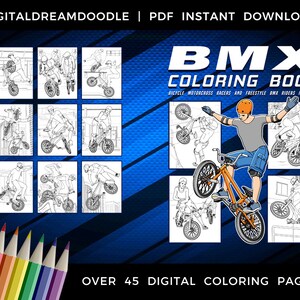 BMX Coloring Book, Bicycle Motorcross Racer Coloring Book, BMX Rider Coloring Book, BMX Bike Riding Coloring Pages, Instant Digital Download