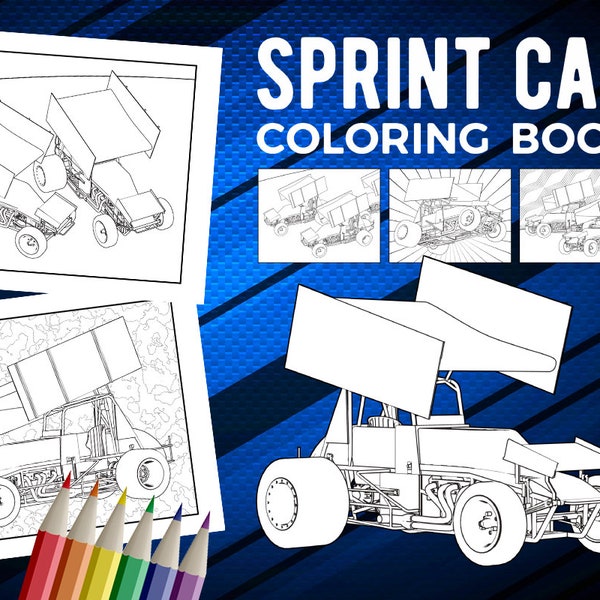 Sprint Car Coloring Book, Printable PDF Racing Book For Adults, Winged Race Car Coloring Pages, Dirt Track Racer Instant Digital Download