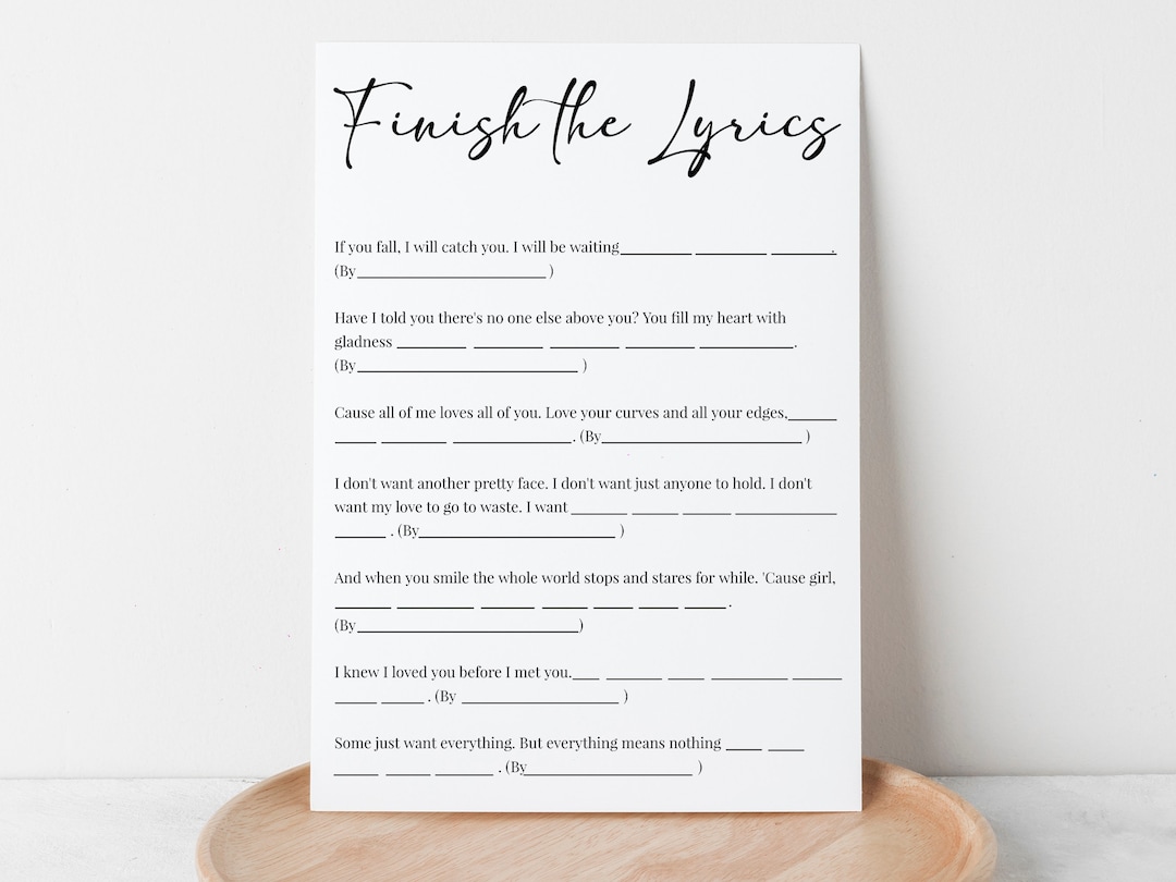 Finish the Lyrics Bridal Shower Game, Bridal Shower Game, Minimalist