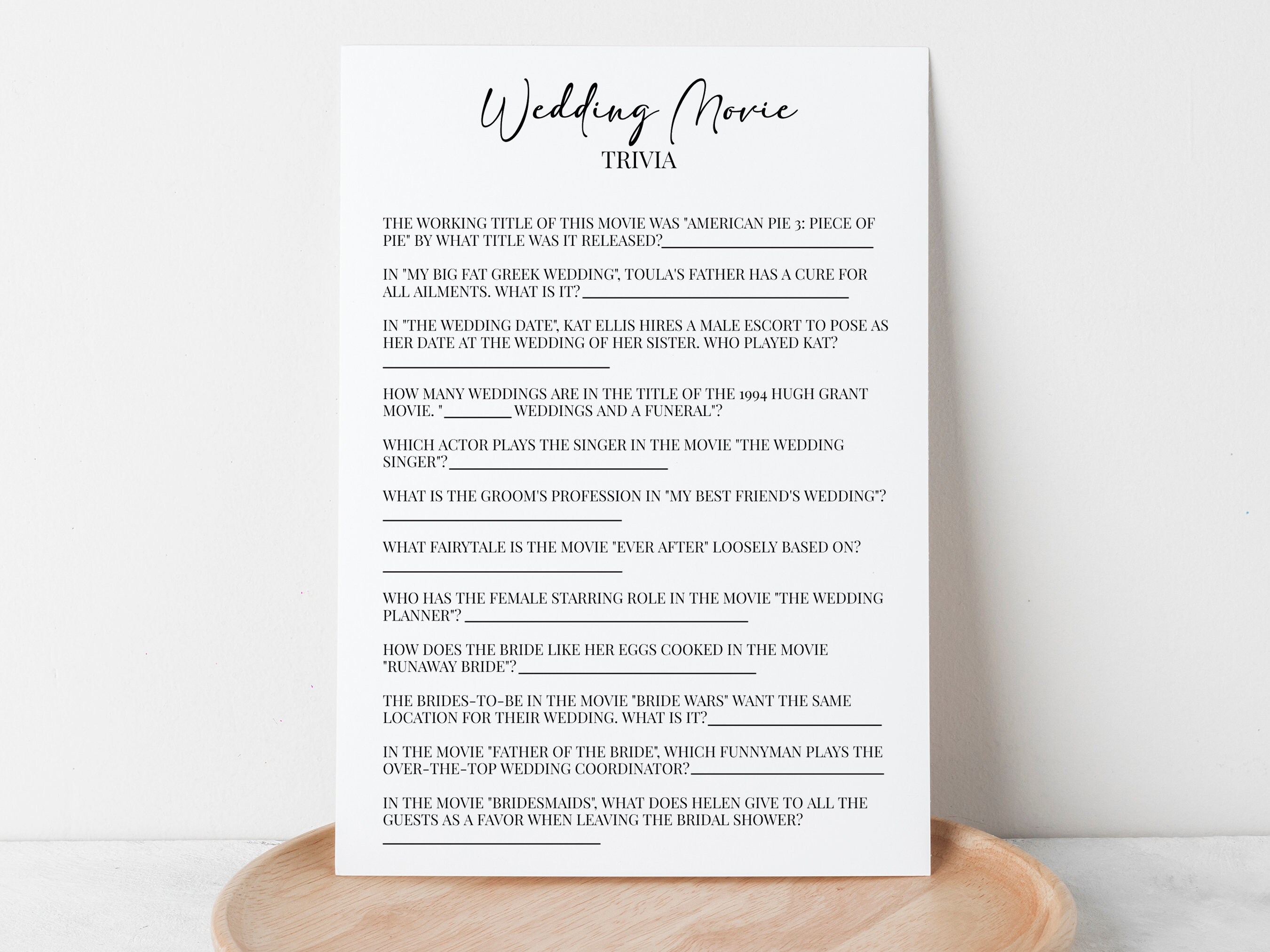 Wedding Movie Trivia Bridal Shower Game Bridal Shower Game Etsy