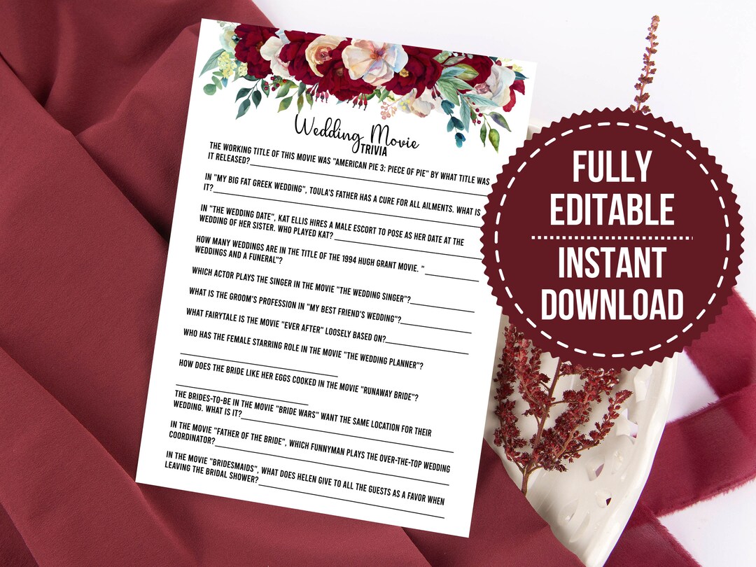 Wedding Movie Trivia Bridal Shower Game Bridal Shower Game Etsy