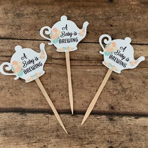 Baby Shower Tea, 12 Teapot Cupcake Toppers, Baby Shower Tea Party,  A Baby is Brewing, Let's Par-tea, Tea Party Decorations