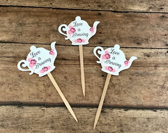 Bridal Shower Tea, 12 Teapot Cupcake Toppers, Bridal Tea Party,  Love is Brewing, Let's Par-tea, Tea Party Decorations