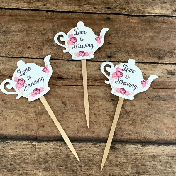 Bridal Shower Tea, 12 Teapot Cupcake Toppers, Bridal Tea Party,  Love is Brewing, Let's Par-tea, Tea Party Decorations