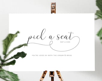 Pick a Seat Not A Side Horizontal Poster Printable, Digital Download Black and White Minimalist Wedding Digital Download WB1