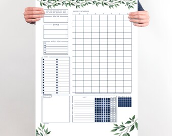 DIY PRINTABLE Scheduler 2023, Greenery and Navy, LARGE Dry Erase Wall Calendar Command Center, Weekly Organizer