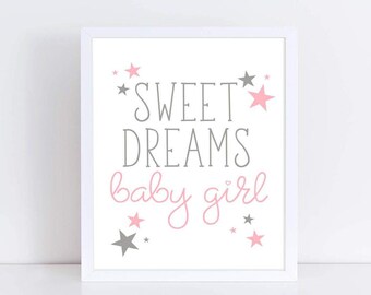 Póster imprimible "Dulces sueños para niña", decoración de pared para habitación de bebé niña, imprimible en rosa, gris y blanco, descarga instantánea, arte infantil.