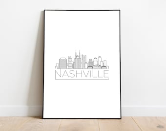 以下が含まれることがあります： ナッシュビルのスカイラインの白黒の線画プリントで、下に「NASHVILLE」という文字が書かれています。