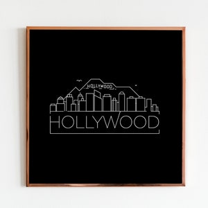 Hollywood California Art Skyline Poster, City Scape Wall Art, Minimalist Black White Landscape / Horizontal Art, Hollywood Gift