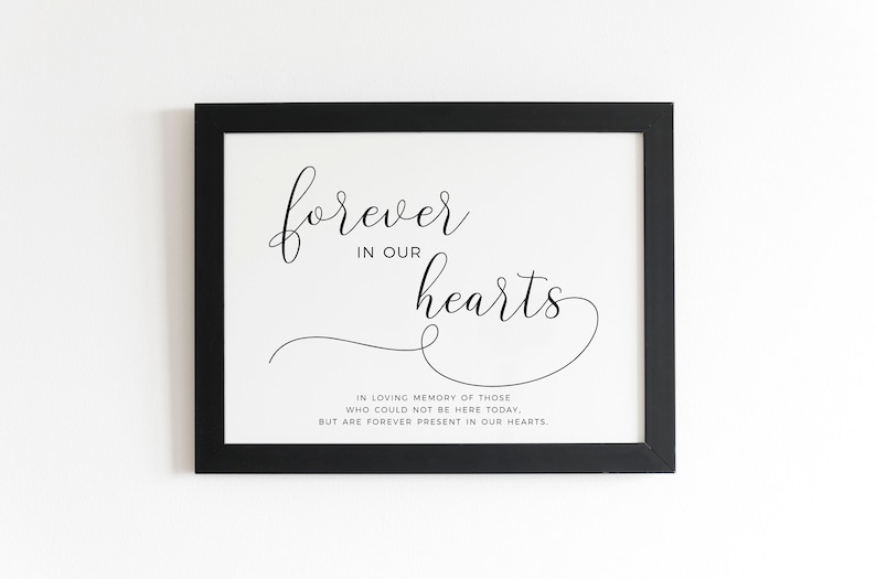 May include: Black framed print with a white background and black text that reads "forever in our hearts" and "In loving memory of those who could not be here today, but are forever present in our hearts."