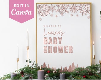 Pink Winter Baby Shower Welcome Sign Edit In Canva, Baby It's Cold Outside Baby Shower Welcome Sign Template Pink Winter Baby Shower ZAP WS3