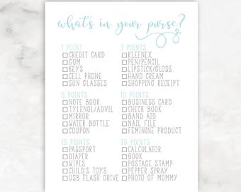 What's In Your Purse Sign Baby Shower Game Baby Boy Printable Blue and Gray Baby Shower Decor BSPB Instant Download Digital Download