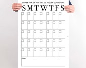 Modern Office Calendar Printable Poster Black and White Simplistic Write On Dry Erase Chalkboard Marker Teacher Classroom Decoration